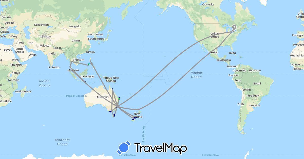 TravelMap itinerary: driving, bus, plane, boat in Australia, Canada, Indonesia, Malaysia, New Zealand, Philippines, Thailand, United States (Asia, North America, Oceania)